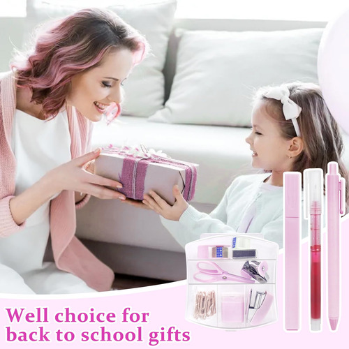 Mini Kit De Suministros Escolares Rosa Con Grapadora Y Cinta