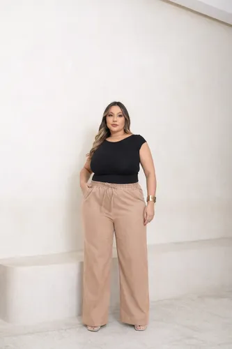 Calça Plus Size Pantalona Wide Leg Feminina C/ Bolso Cargo - Miniatura 3