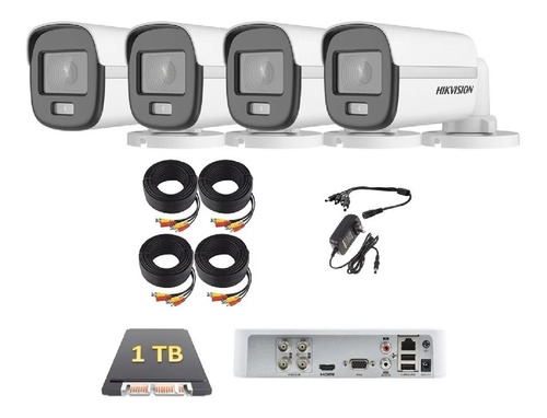 Kit Circuito Cerrado 4 Cámaras Hikvision 2mp 1tb Color Noche