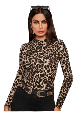 Blusa Diseño Leopardo De Manga Larga Y Cuello Alto