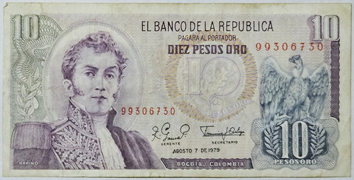 Billete 10 Pesos 07/ago/1979 Colombia Vf-xf