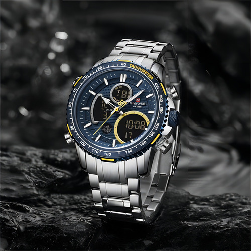 Reloj Naviforce Nf9182 plateado de acero militar de lujo para hombre, color de fondo plateado/azul