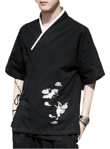 Camisa Tipo Kimono Para Hombre, Bordado Asiático, Estilo Tan