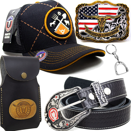 Kit Presente Bone American Cowboy Cinto Capa Fivela Chaveiro