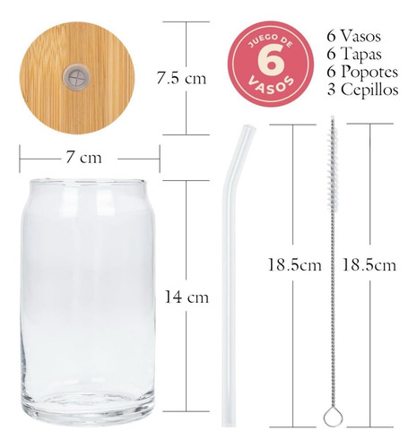 Set De 6 Vasos De Vidrio Con Tapa Y Popote De Vidrio Transparente