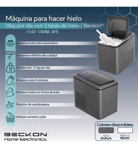 Máquina Para Hacer Hielos Ice Machine Beckon Im Dahlia Gris Automática De 12kg Por Día Hielo De 2 Tamaños Tipo Bala Con Canasta Y Pala