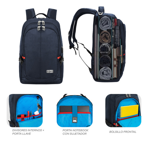Mochila T-go Ab339 Portanotebook Capacidad Grande 40 Litros Color Azul Diseño de la tela Lisa