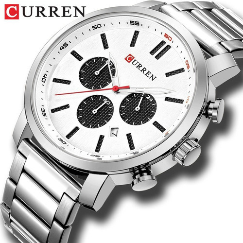 Reloj de calendario Curren Quartz, resistente al agua, acero inoxidable, bisel plateado