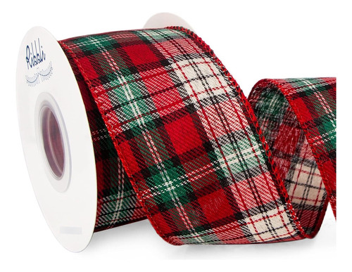 Ribbli Cinta De Navidad A Cuadros Con Alambre Para Envolver Red/green/ivory