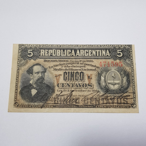 Antiguo Billete Argentina 5 Centavos Avellaneda 1883 55030