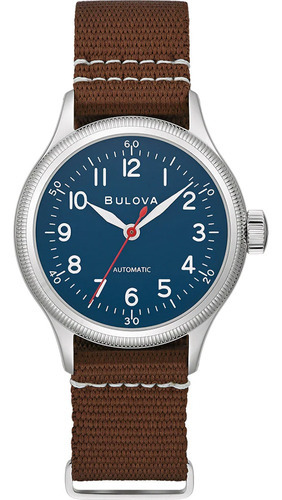 Relógio Bulova Masculino Automático Hack A-11 Militar 96a282 Cor Da Correia Marrom-escuro Cor Do Bisel Prateado Cor Do Fundo Azul-escuro