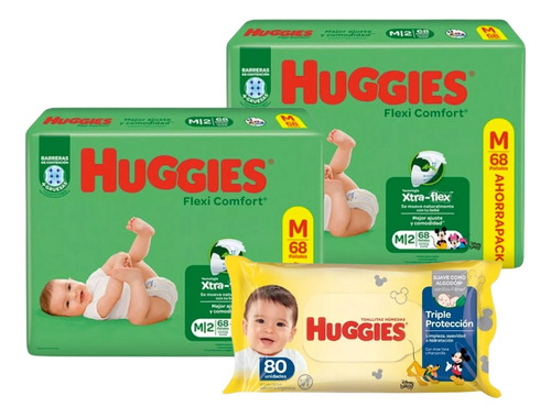 2 Pañales Huggies Flexi Verde + Toallitas Triple Proteccion