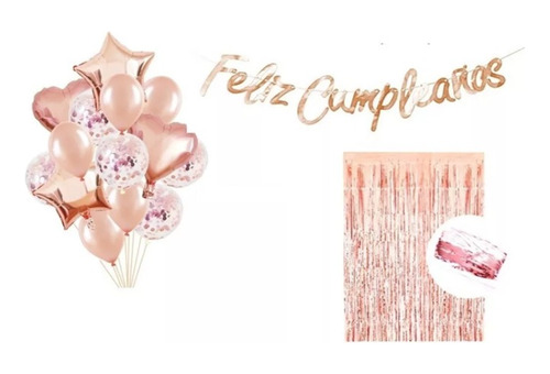 Kit Decoración Fiesta Oro Rosa Cumpleaños Cortina Letrero