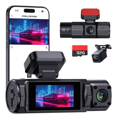 Cámara De Tablero Wifi 4k De 3 Canales, Frontal Y Trasera,