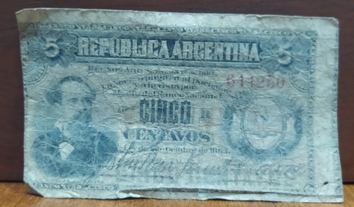 Billete Fraccionario Argentina 5 Centavos 1884 Nc 354c