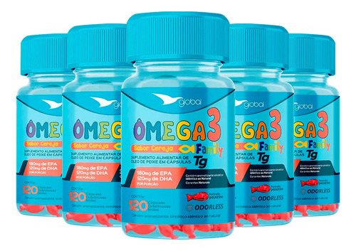 Kit 5 Ômega Peixinho 18 Epa 12 Dha Family Global 120 Cáps Sabor Cereja