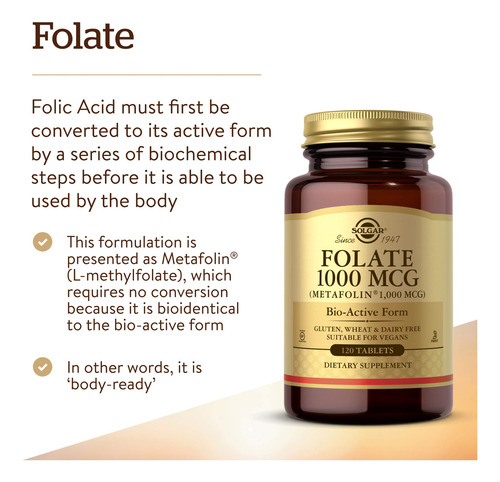 Solgar Ácido Fólico 1000 Mcg Metafolín 120 Tabletas Veganas