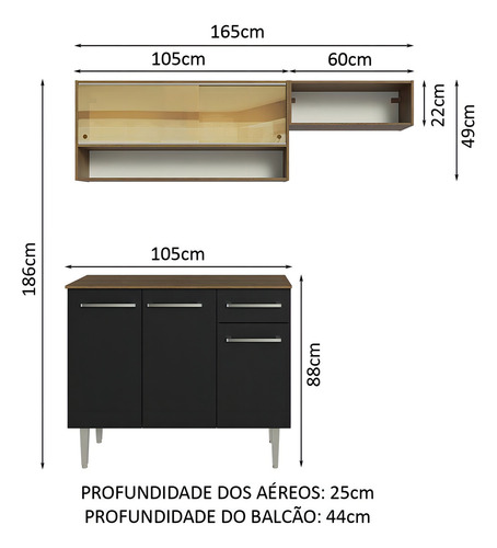 Armário De Cozinha Compacta 165cm Emilly Madesa Rp 02 Cor Rustic/Preto
