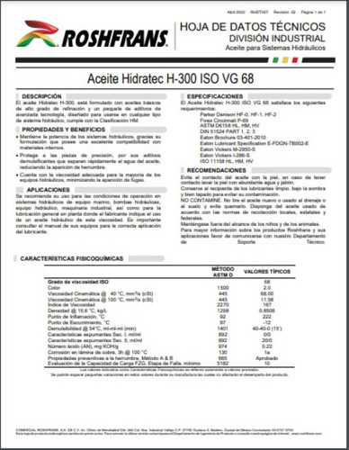Cubeta Aceite Roshfrans 19l Hidratec H300 Hidraulico Iso 68