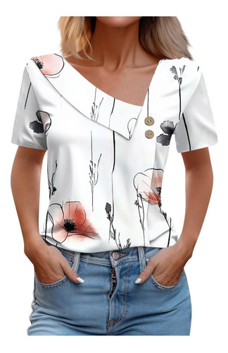 Top M Para Mujer, Cuello En V, Estampado A La Moda, Botones,