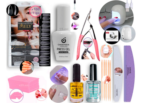 Kit Uñas Soft Gel Prelimado, Pressgel, Cabina Bombon, Aceite Almendra Prelimada Modelo Total 100 Tips