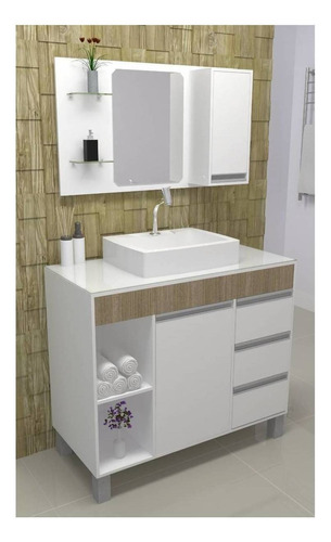 Móveis para banheiro Gabinetto  Fit Supreme de 970mm de largura, 700mm de altura e 450mm de profundidade, com pia colorida branco e móveis carvalho