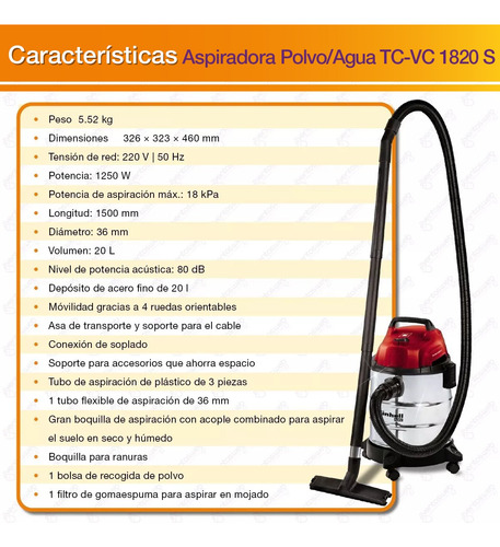 Imagen 9 de 10 de Aspiradora Inoxidable Einhell Polvo Agua 1250w Auto Hogar