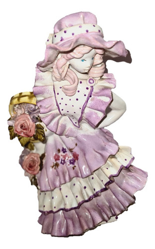 Figura Antigua De Porcelana Dama Con Vestido Y Flores