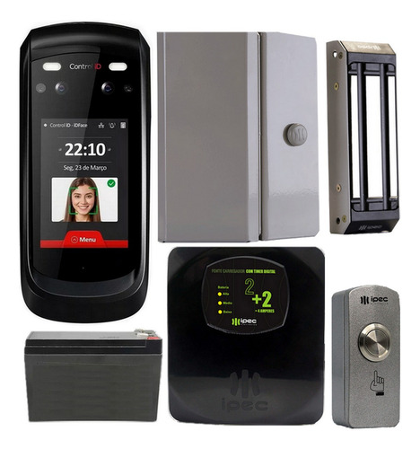 Kit Controle De Acesso Idface Fechadura Eletroímã Botoeira Cor Cinza