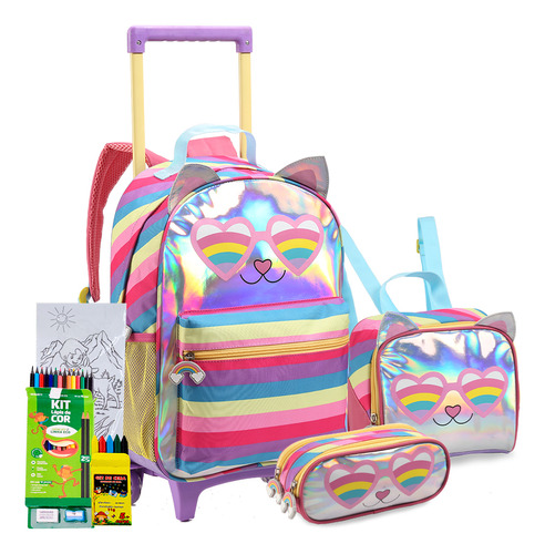 Kit Mochila Rodinha Estojo Lancheira Gatinha Lançamento 