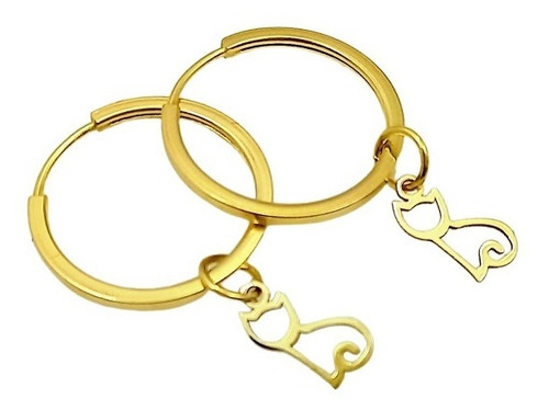 Brincos Argola Redonda E Pingente Gato Ouro 18k-750 Cor Dourado