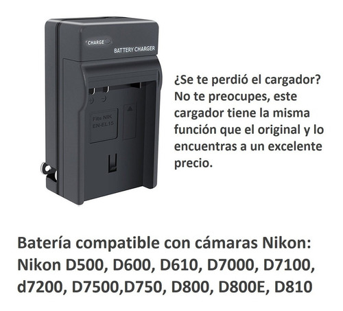 Cargador Nikon D500, D600, D610, D7000, D7100, D7200 Y Mas..