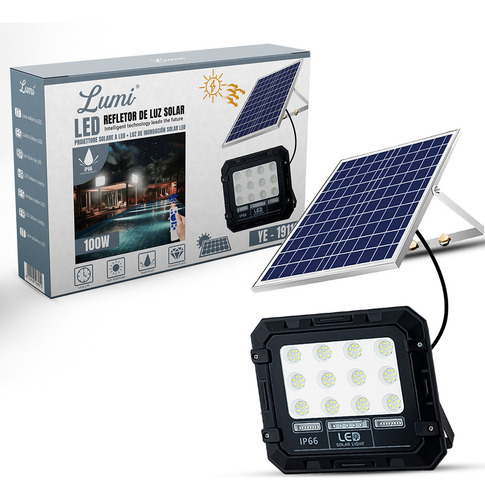 Luminária Refletor Led 100w Solar Prova D'água Holofote Branco Frio