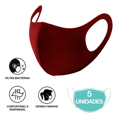 Mascarillas lavables de neopreno burdeos para adultos, 5 unidades