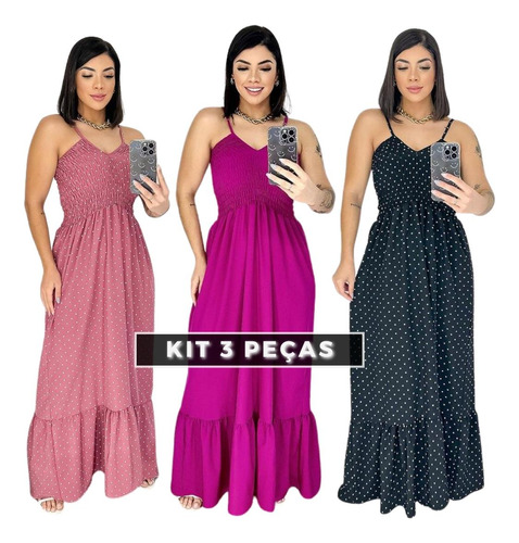 Kit 03 Vestido Logo Decotado Drapeado No Busto