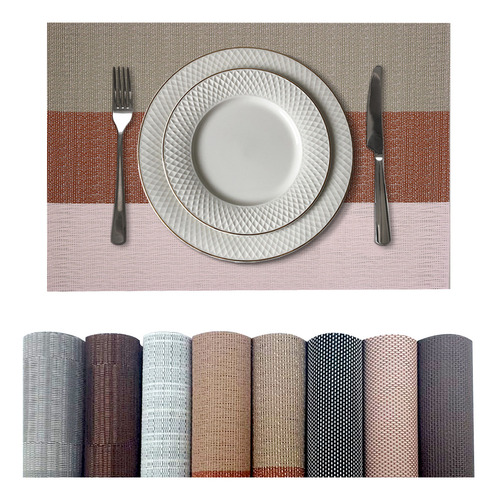 8 Jogo Americano Mesa Posta Luxo Impermeável Pvc Mz Plan Vr Cor M3 Rose Caramelo Bege Plano Mz Retangular