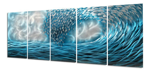 Hand Crafted Blue Sea Wave 3d Metal Wall Art Coastal 5 ...