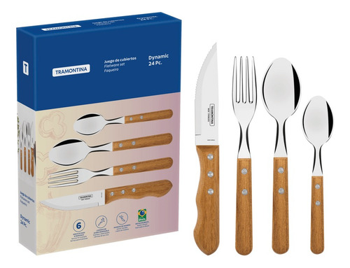 Juego De Cubiertos Dynamic Con Láminas De Acero Inoxidable Y Mangos De Madera Natural 24 Pzs Tramontina En Caja Madera