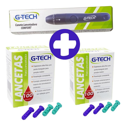 Kit 200 Lancetas Glicose + Caneta Lancetadora Gtech Diabetes