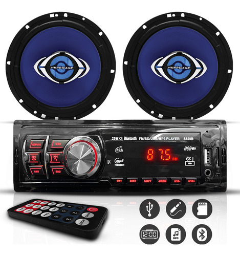 Kit Som Carro Radio Bt Usb + Par Alto Falante 6 Polegadas