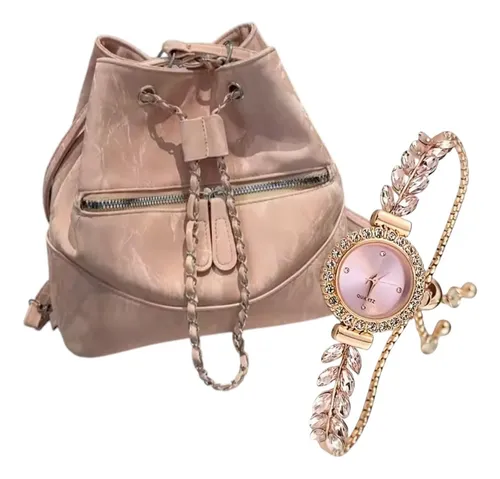 Cartera Mochila Rosa + Reloj De Regalo Promo Día De La Madre Rosa Claro Afelpado Dorado Rosa Claro