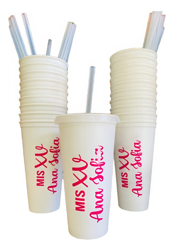 55pzas Vasos - Recuerdo Para Xv Años Con Tapa Y Popote 24oz