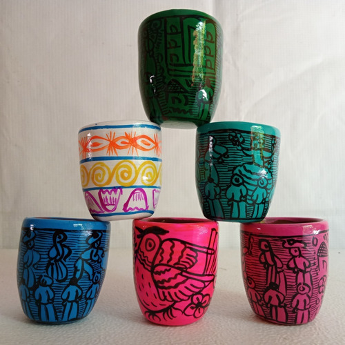 Vasos Decorados Tamaño Mezcalero Artesanal Oaxaca (5pza)