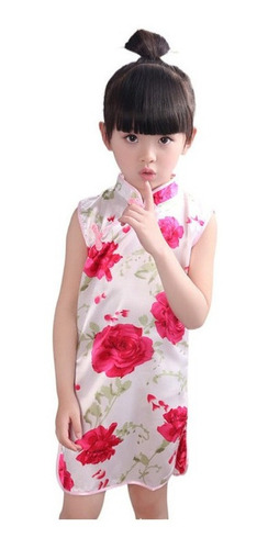 Vestido Chino De Niña Cheongsam Pavo Real De Una Sola Pieza