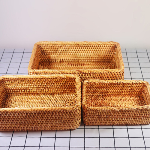 Cesta Retangular Tecida À Mão Rattan Candy Storage Picnic Tr