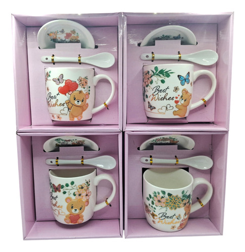 Taza Plato Con Cuchara Cerámica Decorada San Valentín 10 Oz Color Rosa Rj 719