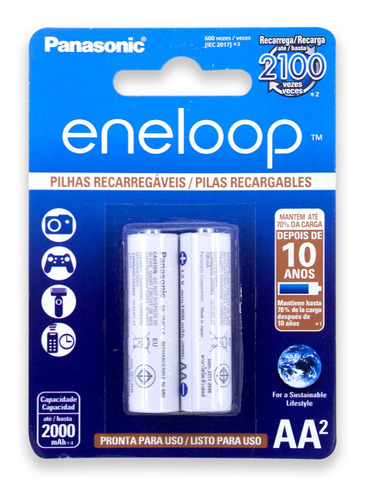 02 Pilha Eneloop Aa Recarregável 2000mah Panasonic 1 Cartela