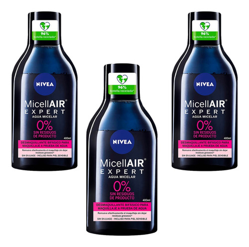 3 Pack Desmaquillante Nivea Micellair Prueba De Agua 400ml