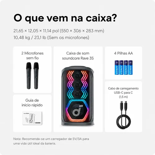 Caixa De Som Soundcore Anker Rave 3s Ai 200w Karaokê 2 Mic