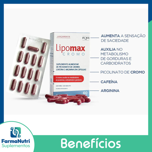 Lipomax Cromo 60cáps - Controle De Peso - Cafeína E Arginina Sem Sabor